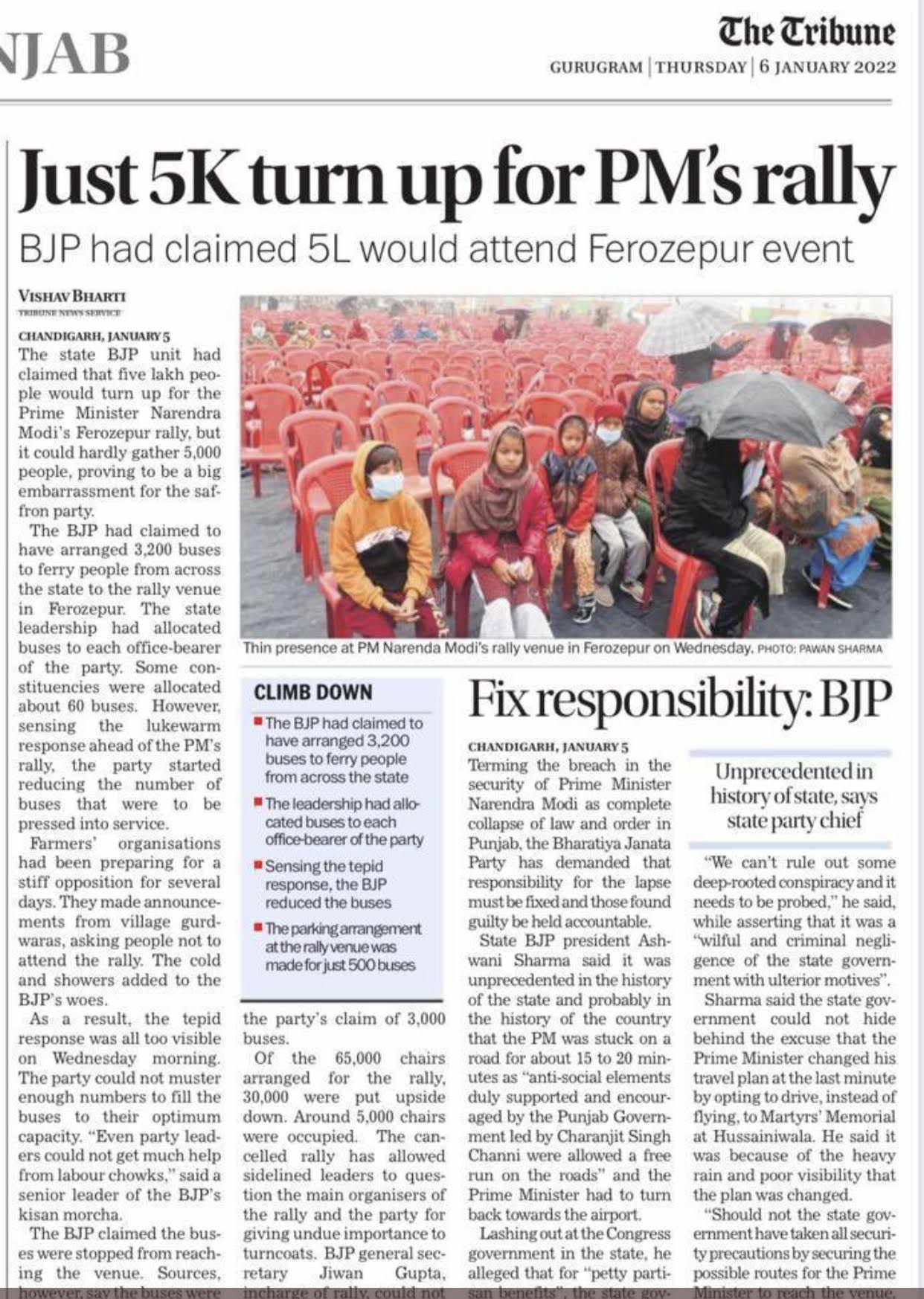 5K people Turn up Modi's Ferozepur rally venue: The Tribune - Satya Hindi