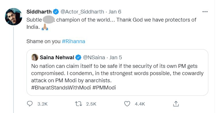 ncw notice to actor siddharth over reply to saina nehwal pm security breach tweet - Satya Hindi